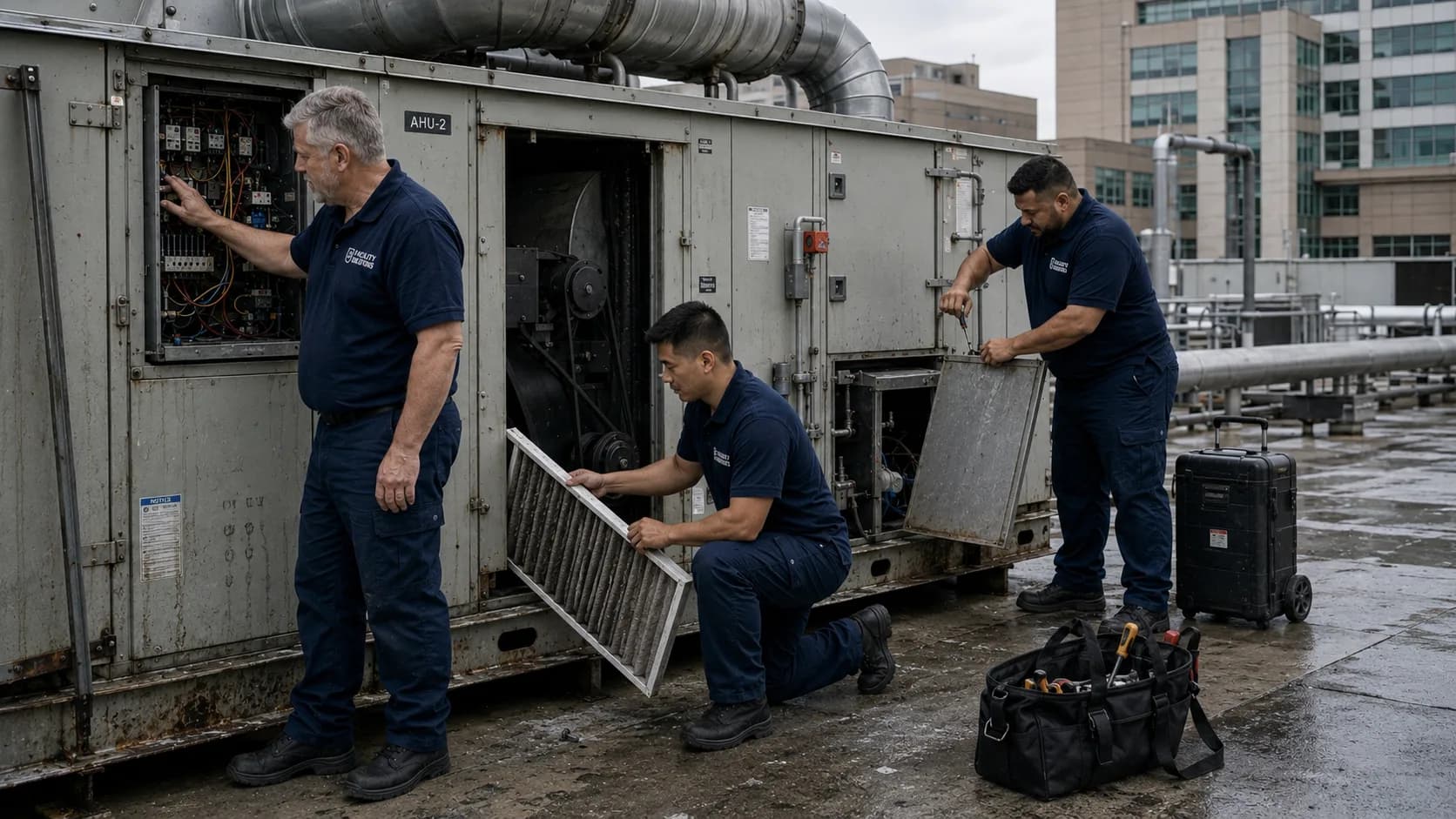 Technician servicing rooftop equipment during a repair call.