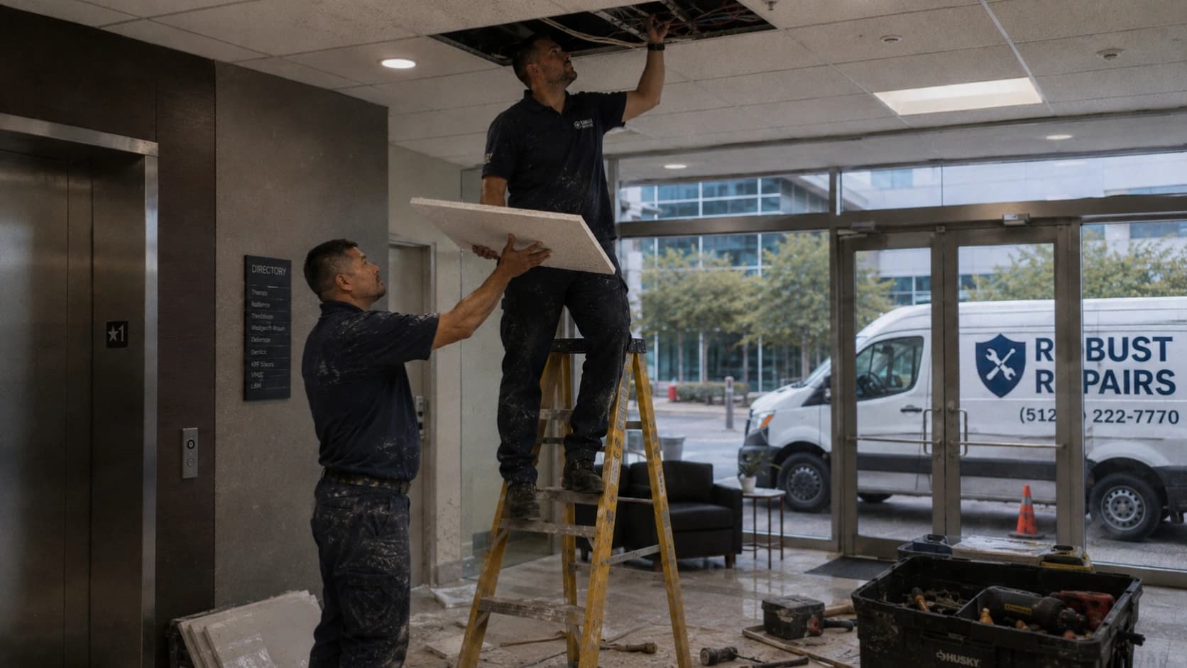 Fixture work completed above an occupied commercial workspace.