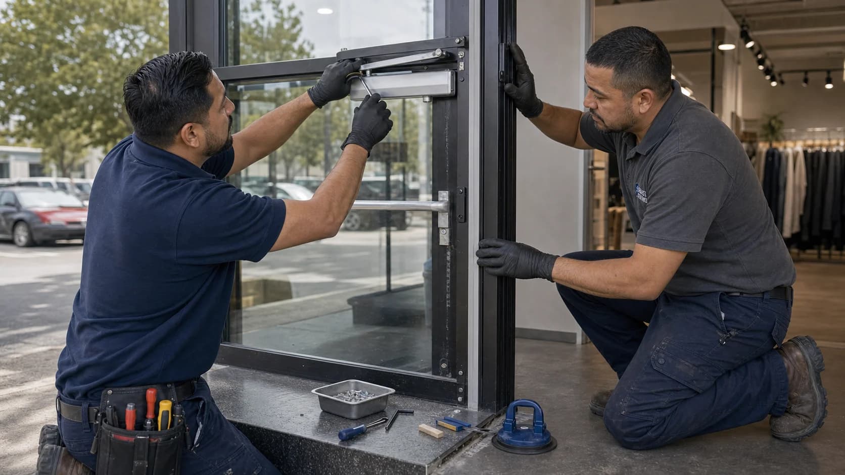 Two Robust Repairs technicians repairing a commercial storefront door.
