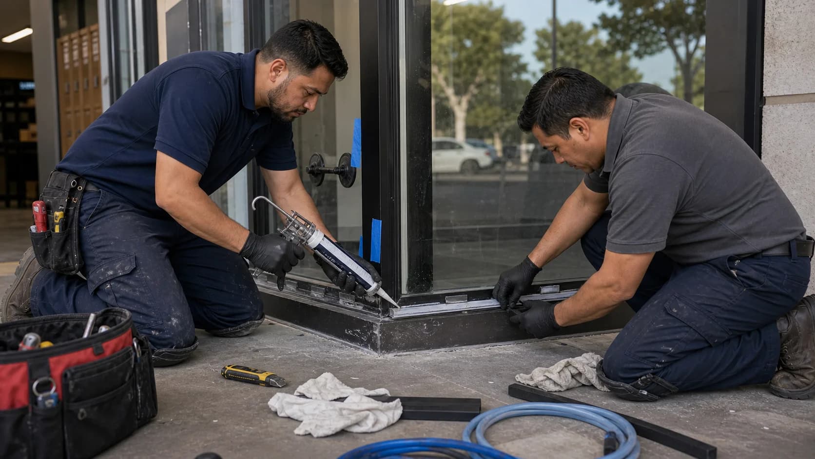 Two Robust Repairs technicians sealing and repairing a commercial window frame.
