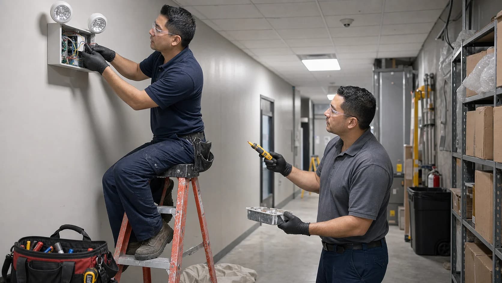 Two Robust Repairs technicians servicing commercial lighting in a corridor.