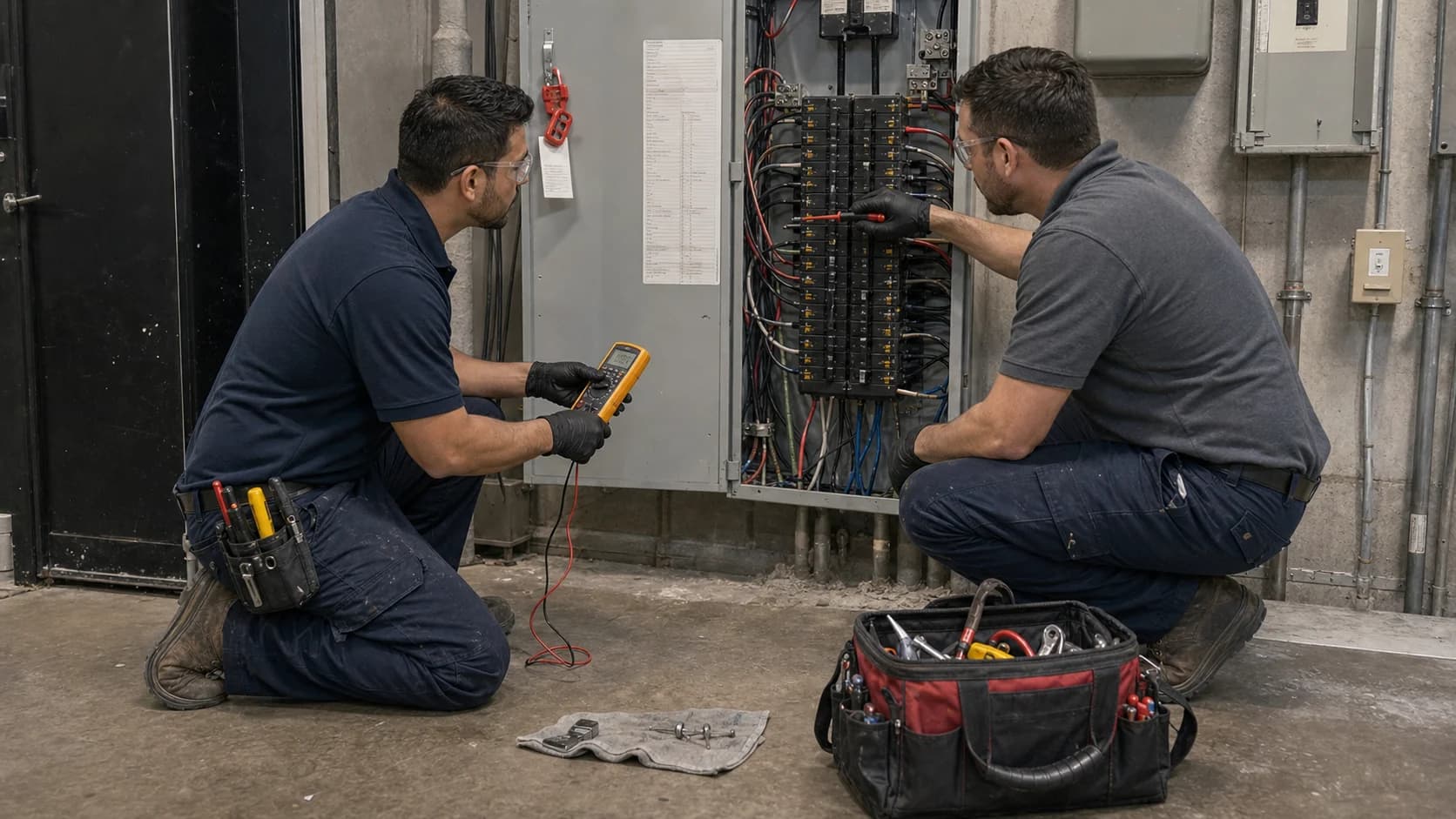Two Robust Repairs technicians troubleshooting a commercial electrical panel.
