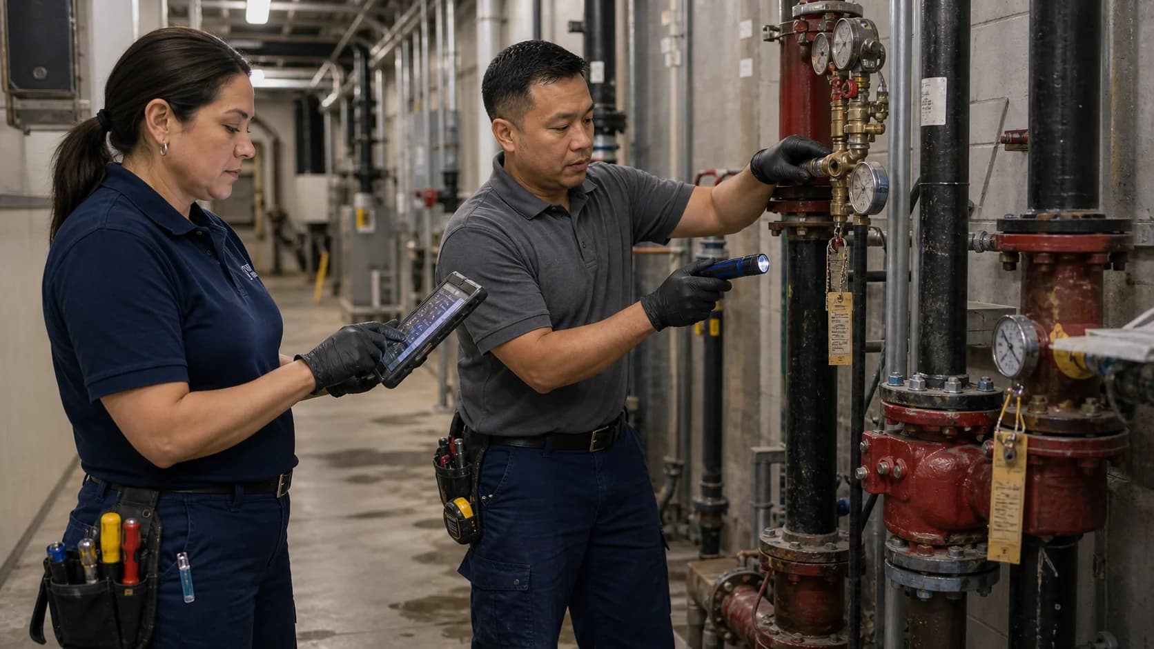 Two Robust Repairs technicians completing a commercial facility maintenance inspection.