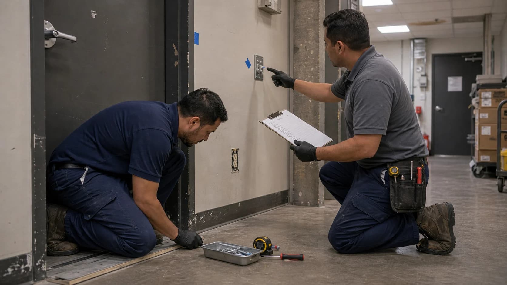 Two Robust Repairs technicians reviewing a commercial facility punch-list.