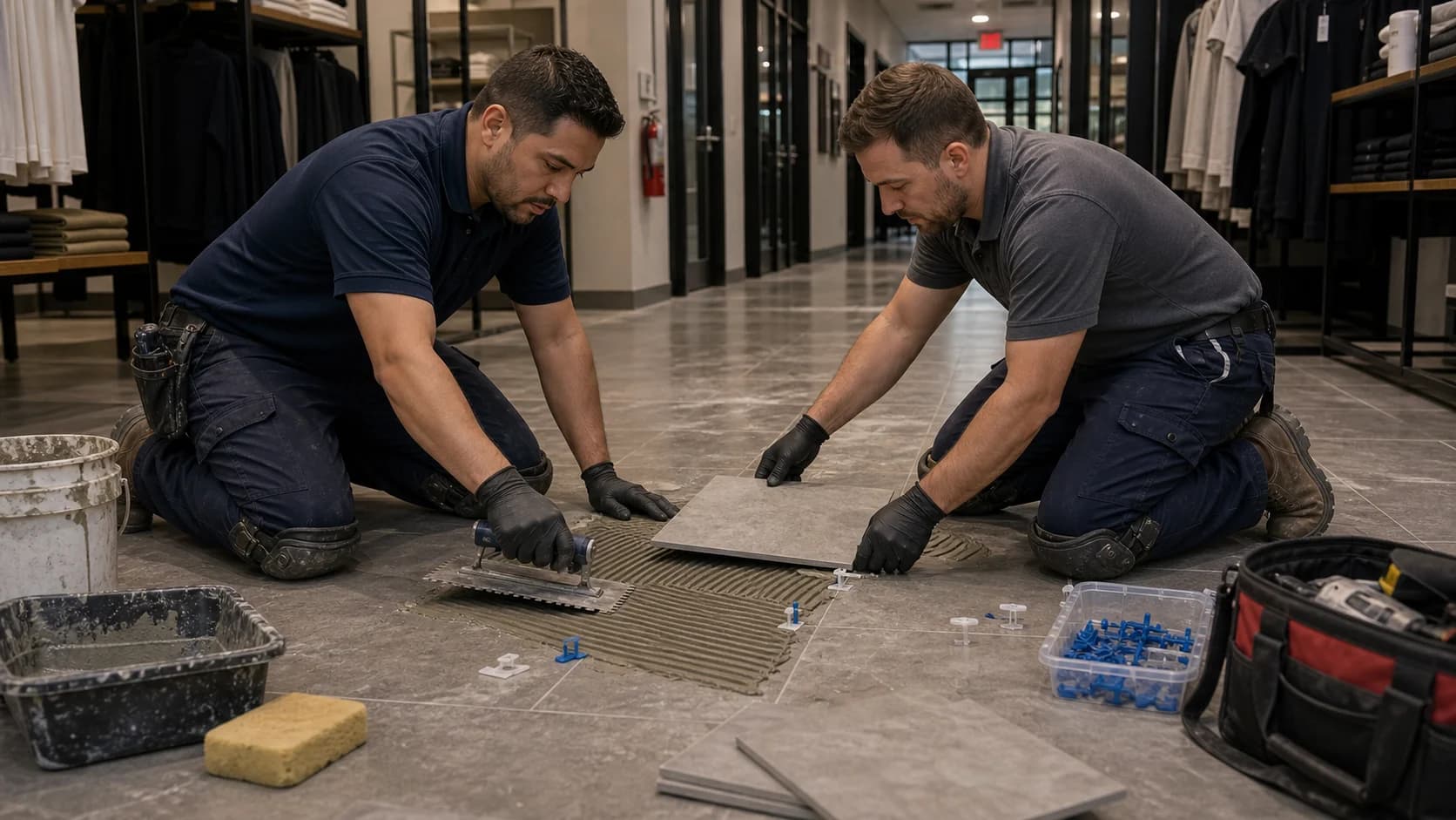 Two Robust Repairs technicians repairing commercial tile flooring.