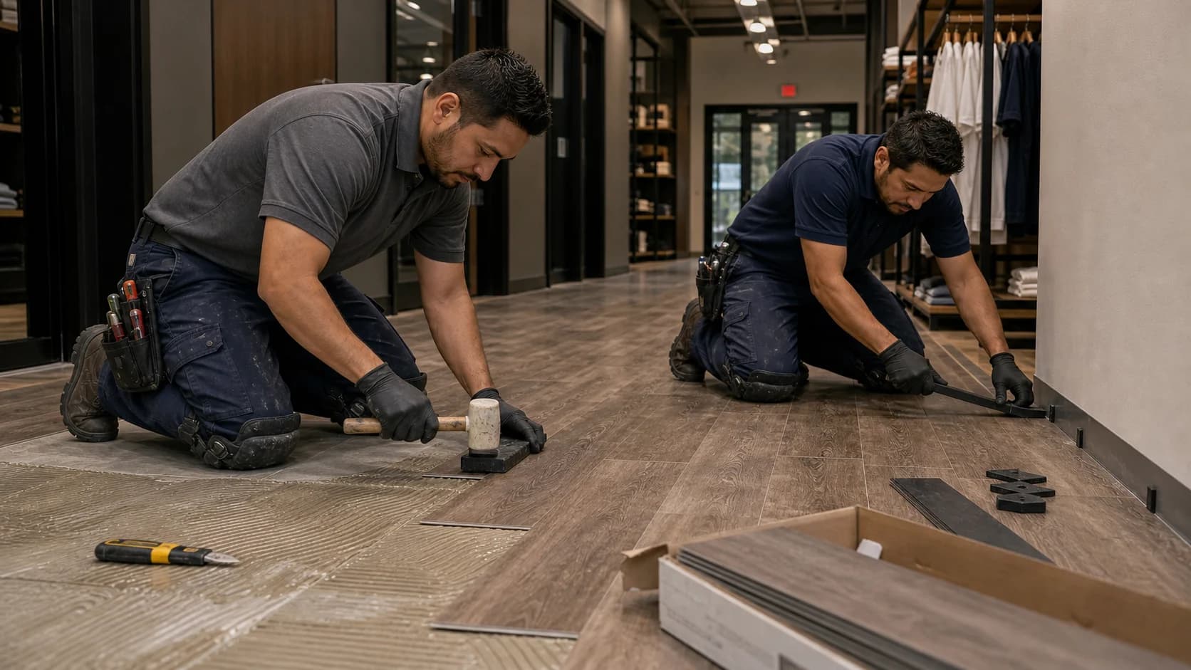 Two Robust Repairs technicians replacing commercial vinyl plank flooring.