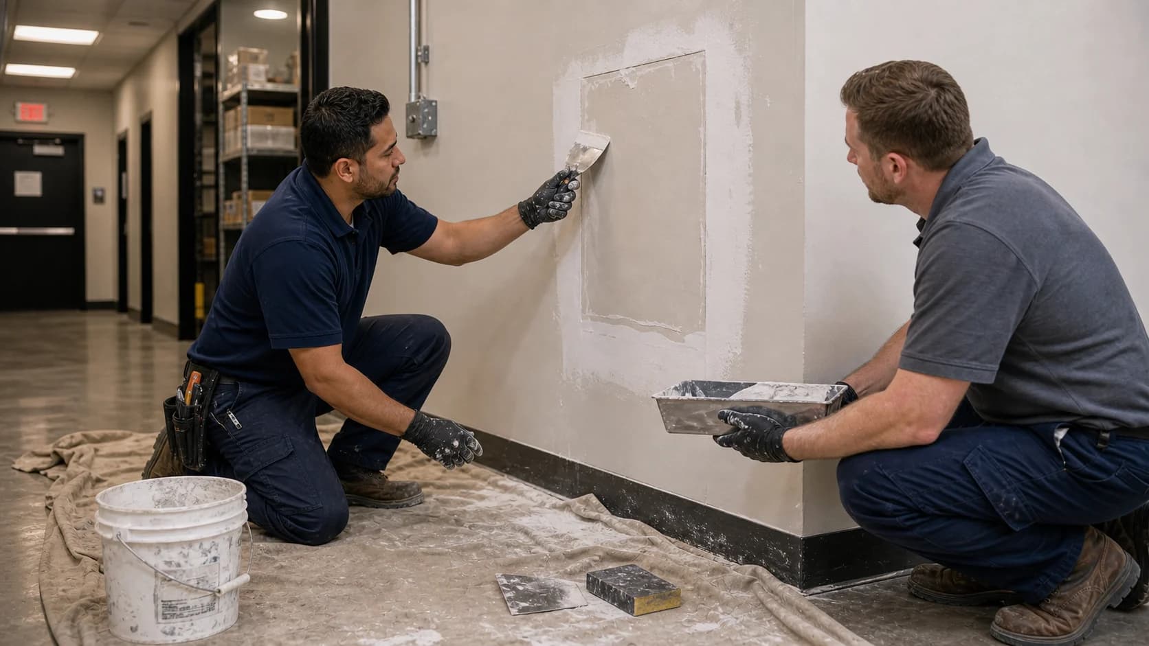 Two Robust Repairs technicians completing drywall repair in a commercial space.