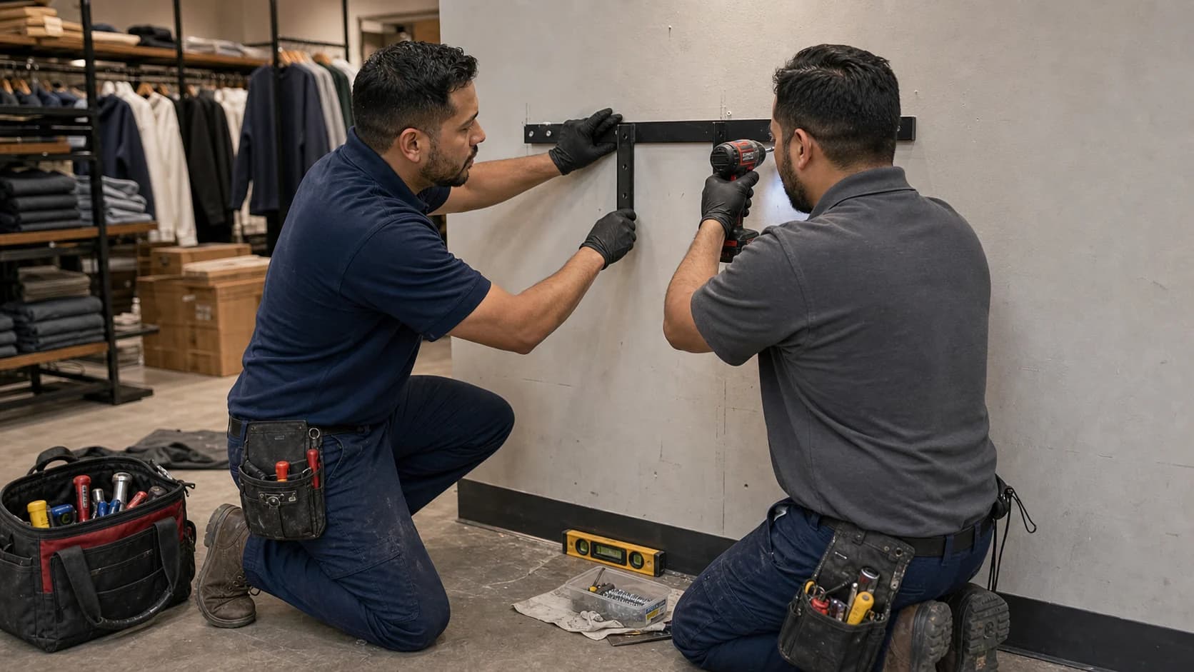 Two Robust Repairs technicians mounting hardware during a commercial punch-list repair.