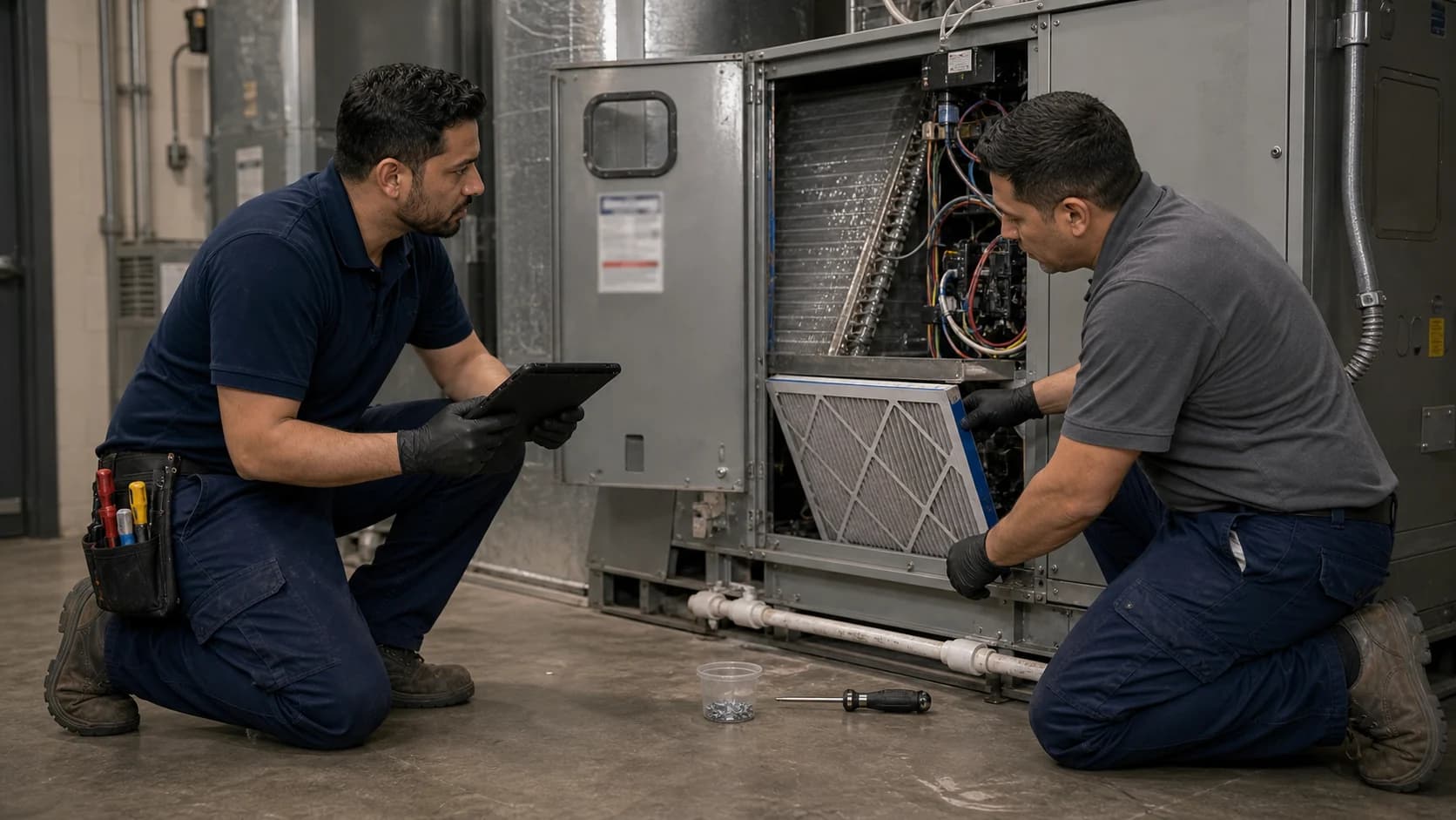 Two Robust Repairs technicians inspecting an indoor commercial HVAC air handler.