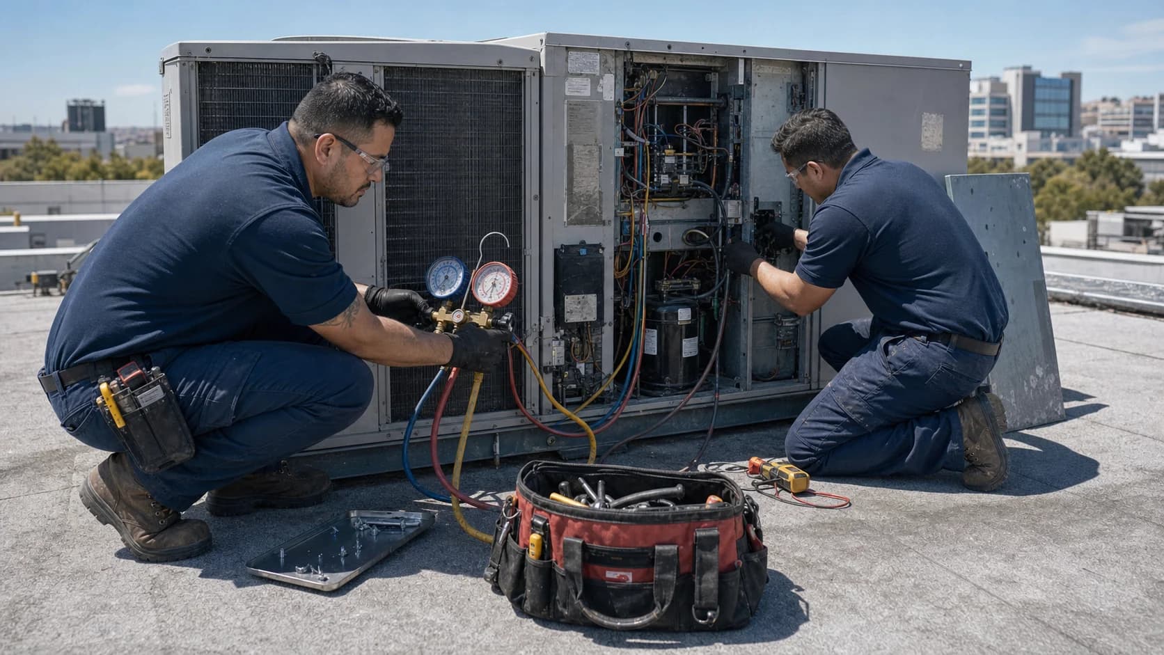 Two Robust Repairs technicians servicing a commercial rooftop HVAC unit.