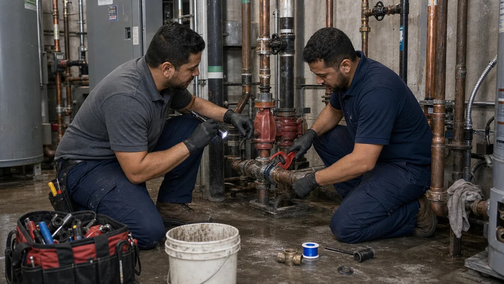 Two Robust Repairs technicians servicing pipes and valves in a commercial mechanical room.