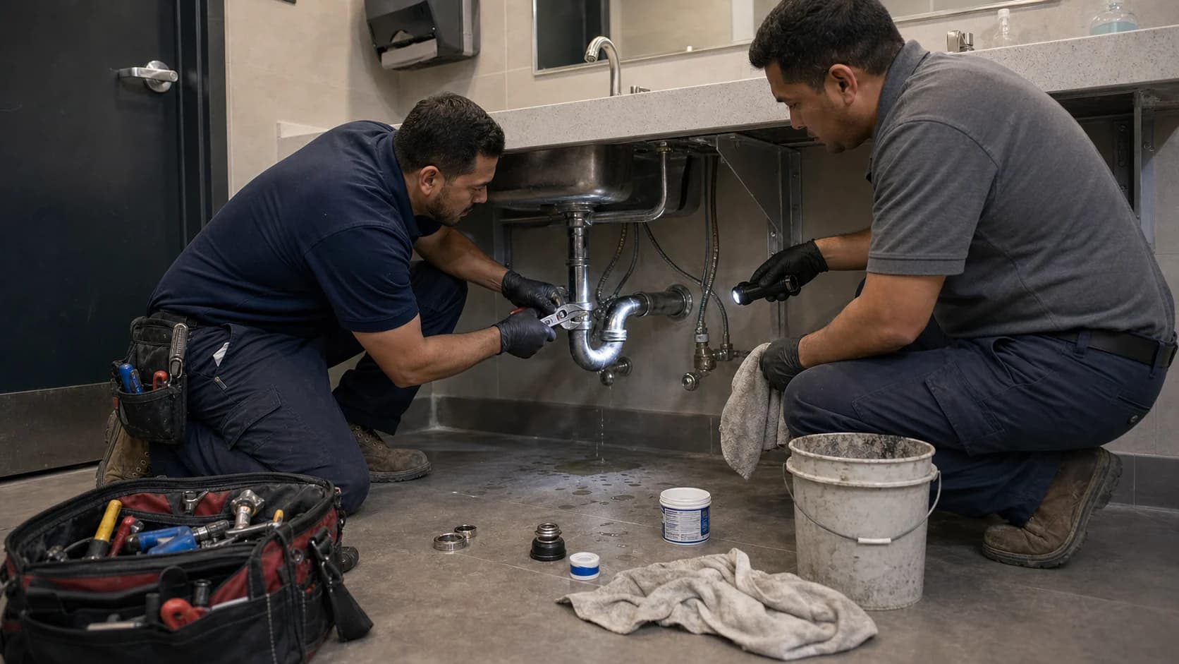 Two Robust Repairs technicians repairing commercial plumbing under a sink.